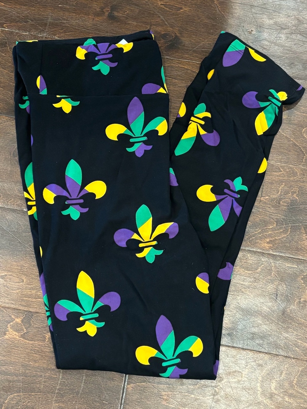 Mardi Gras PGG Black Fleur-de-Lis Print Leggings Sz Curvy